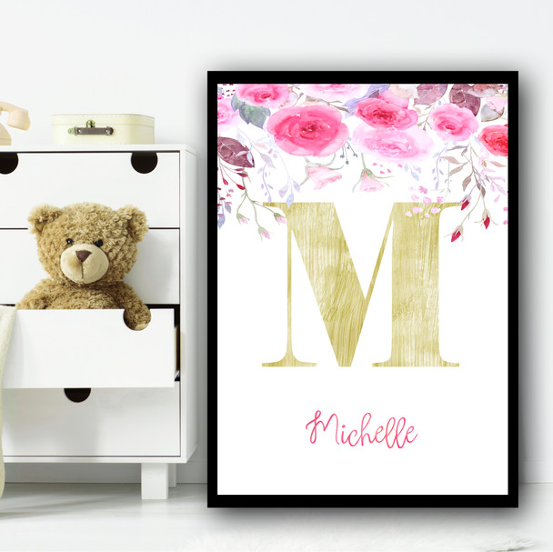 Pink Floral Gold Any Initial Any Name Personalized Wall Art Print