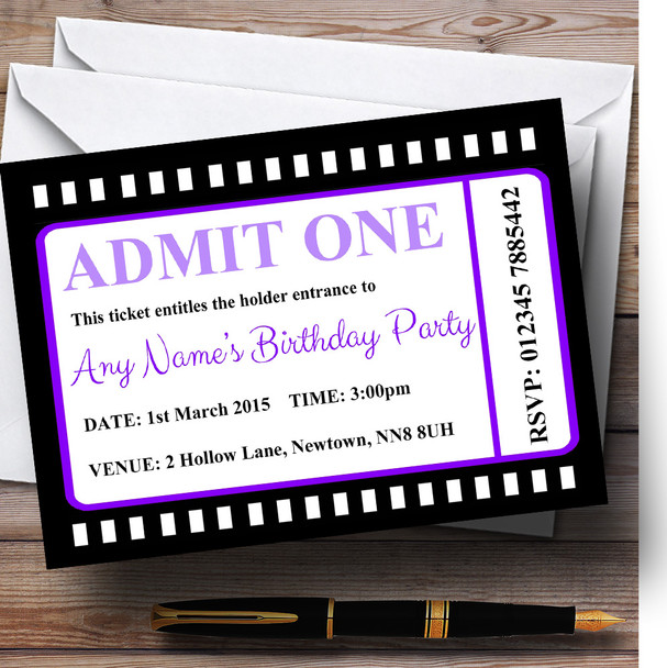 Movie Ticket Purple Personalized Birthday Party Invitations