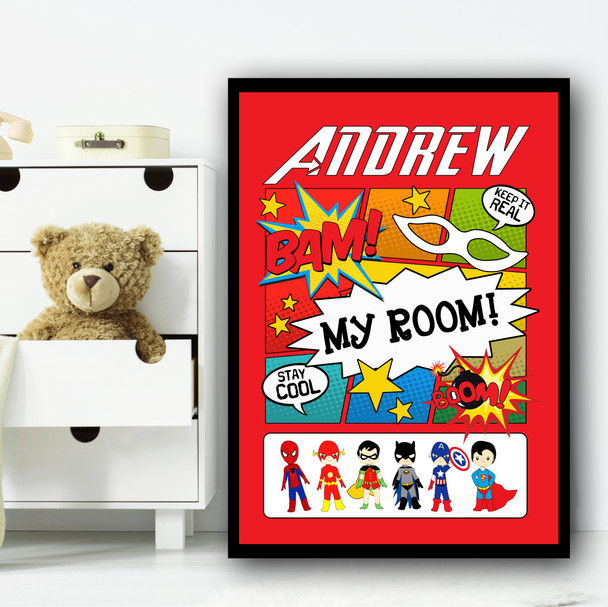 Superhero's Red Comic Any Name Personalized Wall Art Print