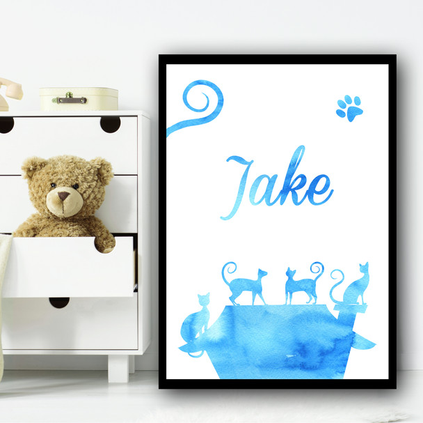 Watercolor Blue Multiple Cats Any Name Personalized Wall Art Print