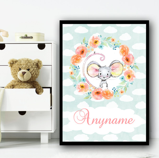 Watercolor Mouse Floral Wreath Any Name Personalized Wall Art Print