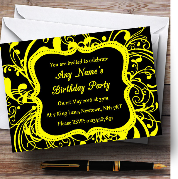 Black & Yellow Swirl Deco Personalized Birthday Party Invitations