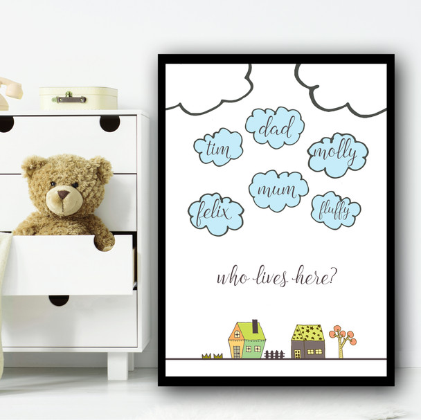 Clouds And Cartoon Houses Who Lives Here Any Name Personalized Wall Art Print