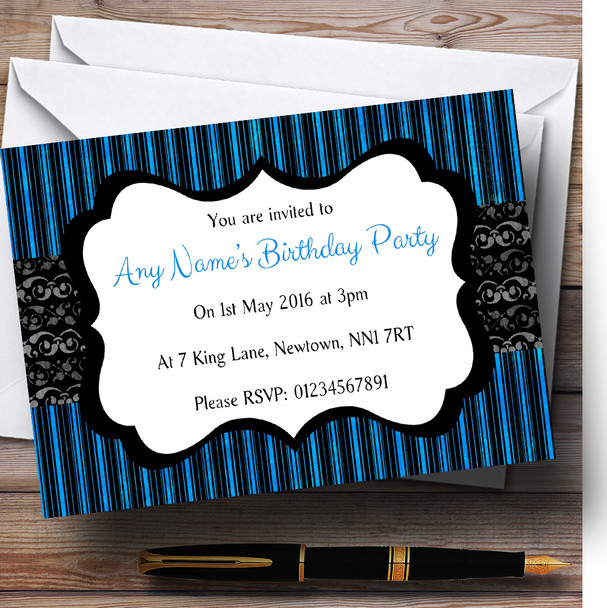 Blue Black Stripes Damask Vintage Personalized Birthday Party Invitations