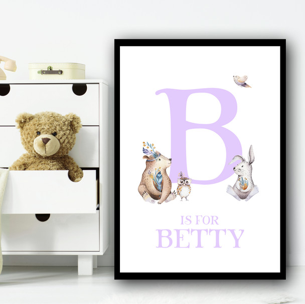 Cute Animals Bear And Rabbit Purple Any Initial Personalized Wall Art Print