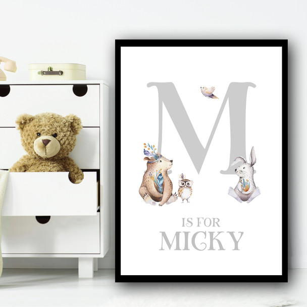 Cute Animals Bear And Rabbit Silver Any Initial Personalized Wall Art Print