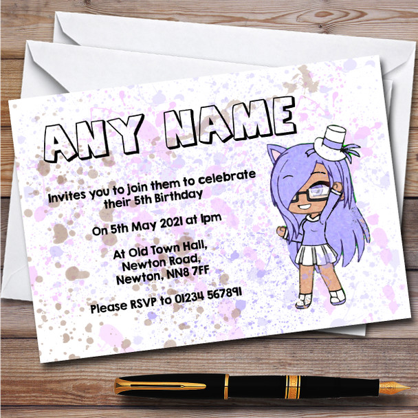 Gatcha Life Lilac Fancy Splatter Art Children's Birthday Party Invitations