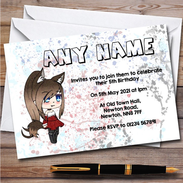 Gatcha Life Looking Foxy Splatter Art Children's Birthday Party Invitations