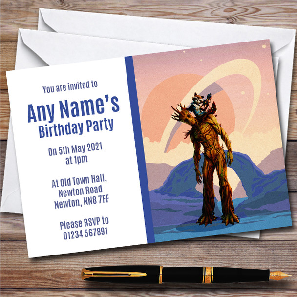 Groot Rocket Raccoon Blue Children's Personalized Birthday Party Invitations