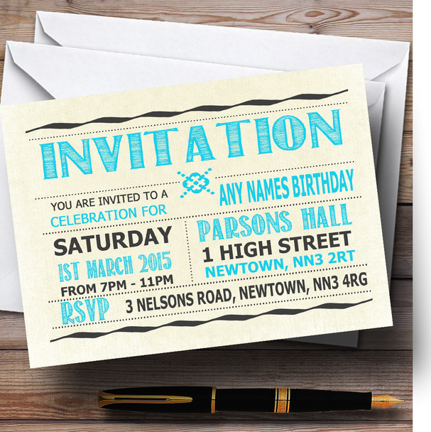 Typography Word Art Aqua Blue Personalized Birthday Party Invitations