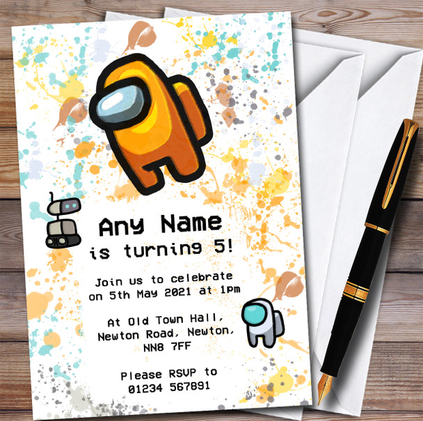 Among Us Orange & Pets Splatter Art Children's Birthday Party Invitations