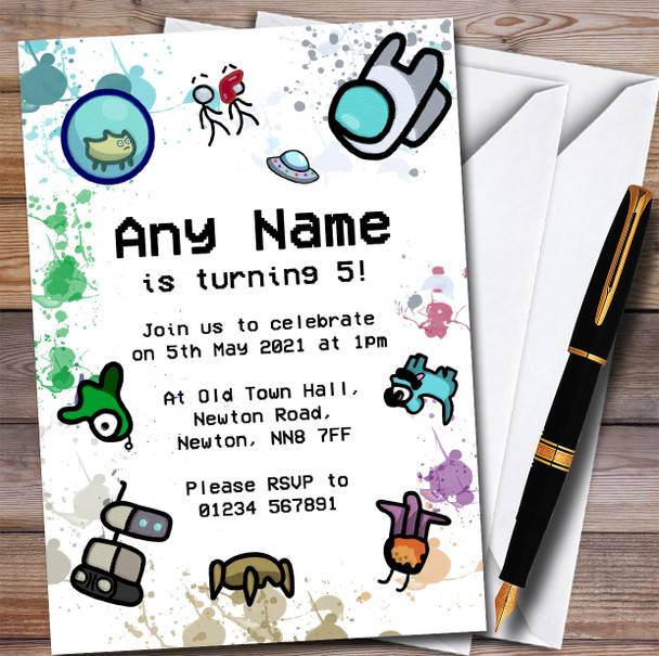 Among Us Pets Splatter Art Children's Personalized Birthday Party Invitations