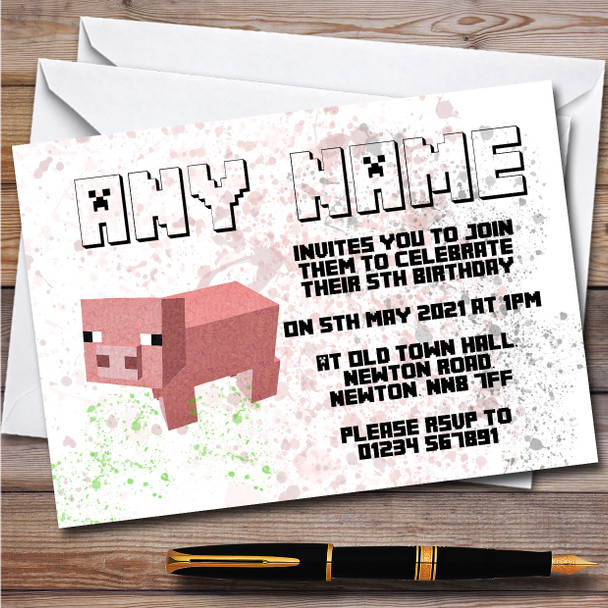 Minecraft Pig Splatter Art Children's Personalized Birthday Party Invitations