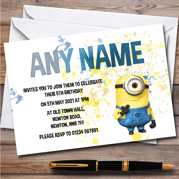 Minions Stuart Splatter Art Children's Personalized Birthday Party Invitations