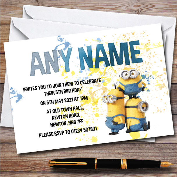 Minions Tower Of Three Splatter Art Children's Birthday Party Invitations