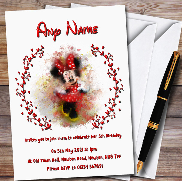 Minnie Mouse Watercolour Splatter Children's Birthday Party Invitations