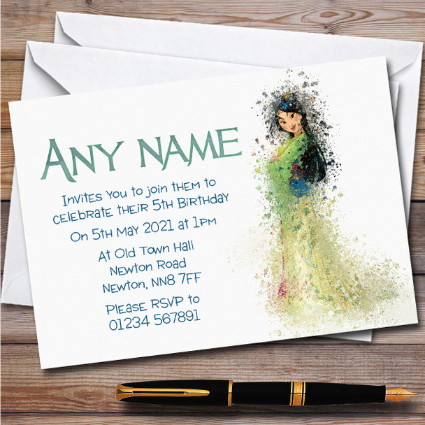 Mulan Watercolour Splatter Children's Personalized Birthday Party Invitations