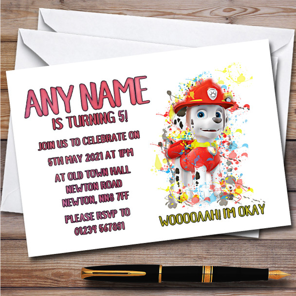 Paw Patrol Marshall Splatter Art Children's Birthday Party Invitations