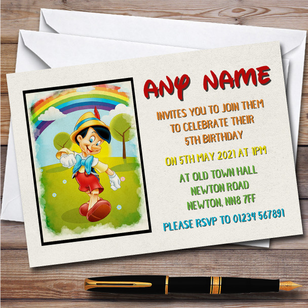 Pinocchio Colourful Vintage Children's Personalized Birthday Party Invitations