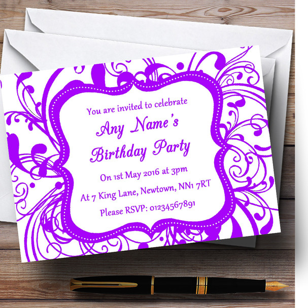 White & Purple Swirl Deco Personalized Birthday Party Invitations