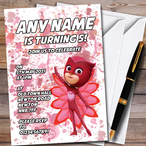 Pj Masks Owlette Splatter Art Children's Personalized Birthday Party Invitations