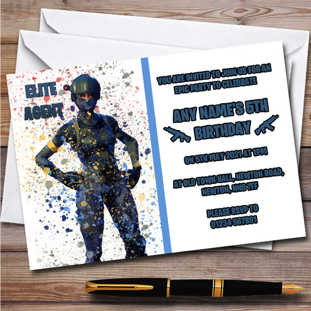 Splatter Art Gaming Fortnite Elite Agent Children's Birthday Party Invitations