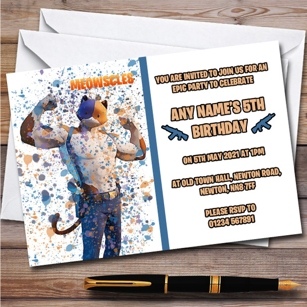 Splatter Art Gaming Fortnite Meowscles Children's Birthday Party Invitations