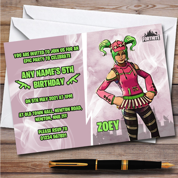 Zoey Gaming Comic Style Fortnite Skin Children's Birthday Party Invitations