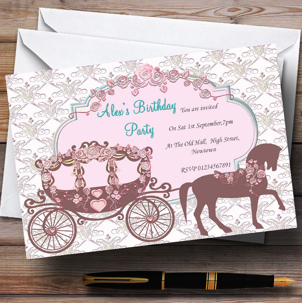 Horse And Carriage Vintage Chic Princess Theme Personalized Birthday Party Invitations