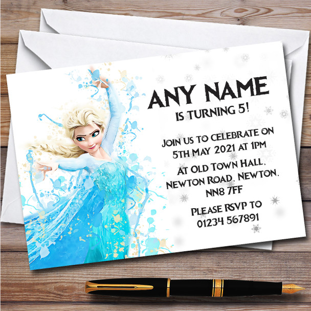 Elsa Frozen Disney Splatter Art Children's Birthday Party Invitations