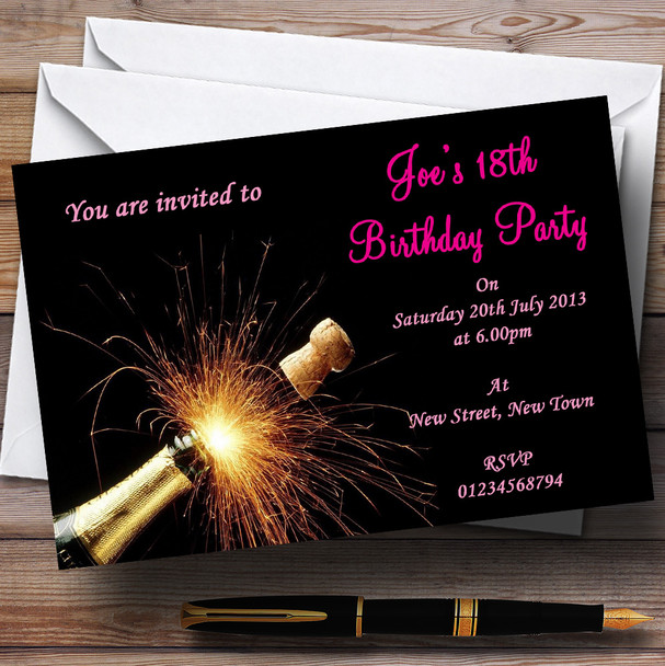 Champagne Cork Pink Personalized Party Invitations