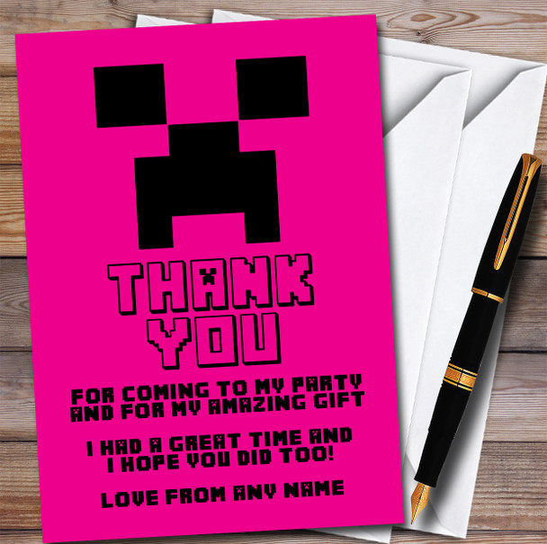 Minecraft Creeper Hot Pink Children's Birthday Party Thank You Cards