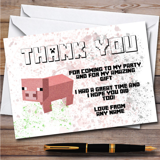 Minecraft Pig Splatter Art Children's Birthday Party Thank You Cards