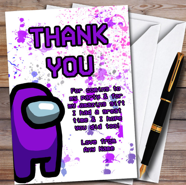 Among Us Purple Splatter Art Children's Birthday Party Thank You Cards