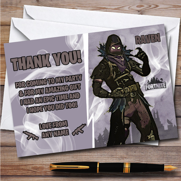 Raven Gaming Comic Style Fortnite Skin Children's Birthday Party Thank You Cards