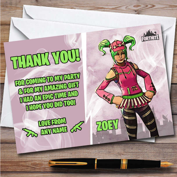 Zoey Gaming Comic Style Fortnite Skin Children's Birthday Party Thank You Cards