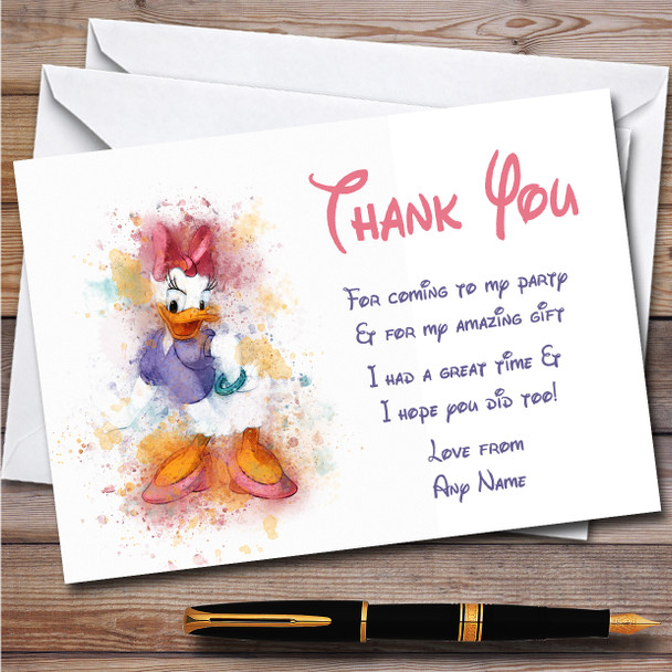 Daisy Duck Watercolour Splatter Children's Birthday Party Thank You Cards