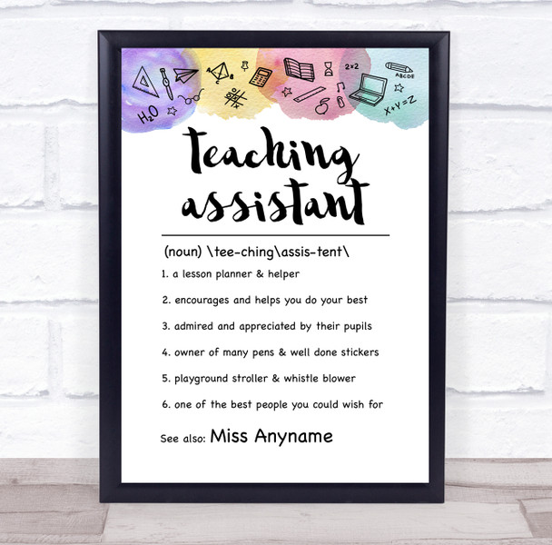 Watercolour Teaching Assistant Dictionary Definition Personalized Wall Art Print