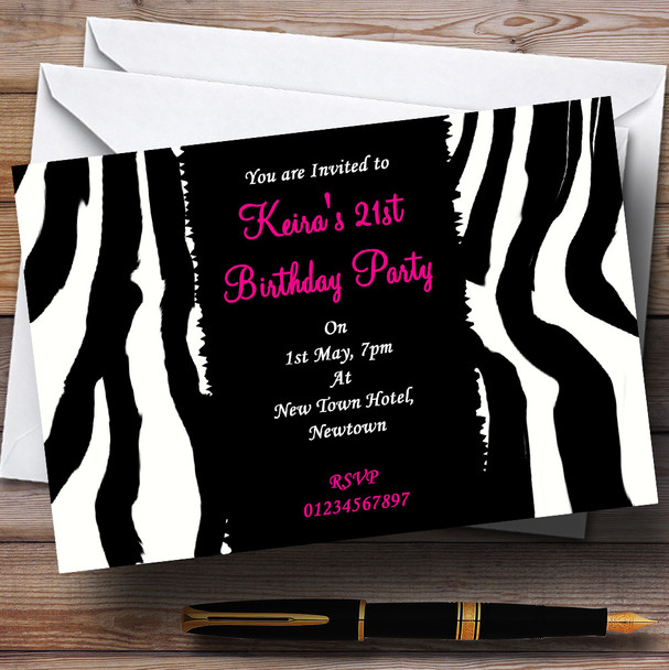 Zebra Print Pink Text Personalized Party Invitations