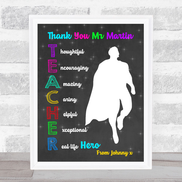 Chalk Teacher Flying Superhero Man Thank You Personalized Wall Art Print