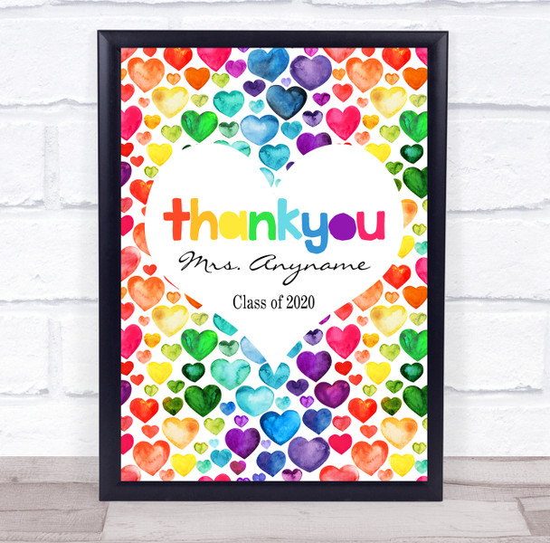Thank You Teacher Rainbow Hearts Scattered Personalized Wall Art Print