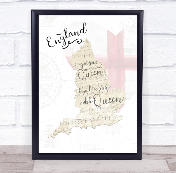 England Beautiful Shape Of Country Lyrics & Music Wall Art Print