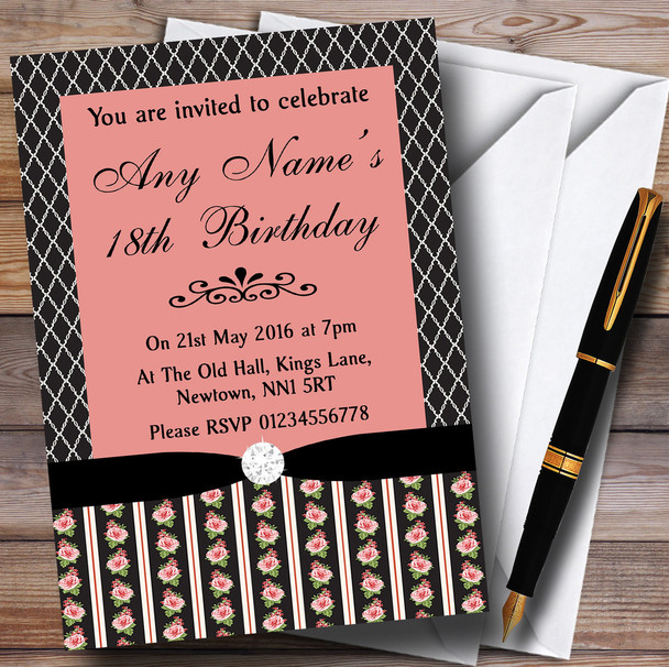 Black And Coral Pink Rose Shabby Chic Personalized Birthday Party Invitations