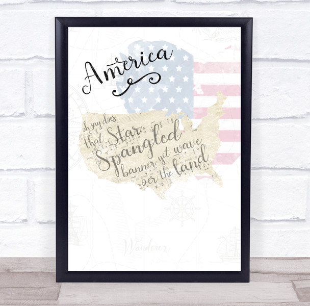 America Beautiful Shape Of Country Lyrics & Music Wall Art Print