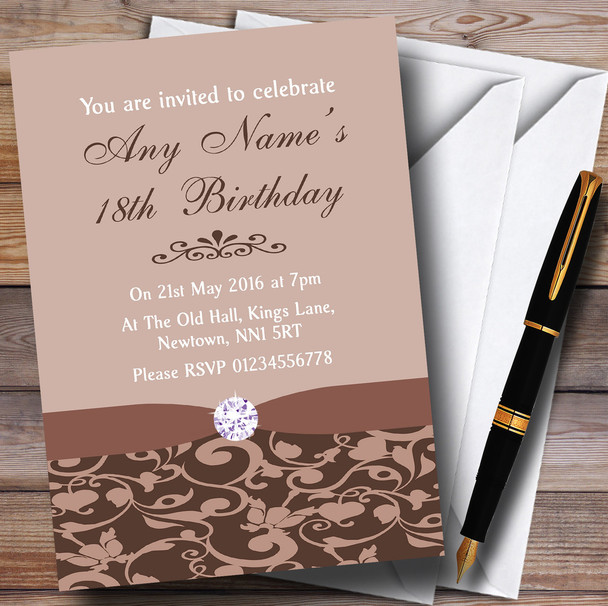 Brown And Fawn Vintage Floral Damask Diamante Personalized Birthday Party Invitations