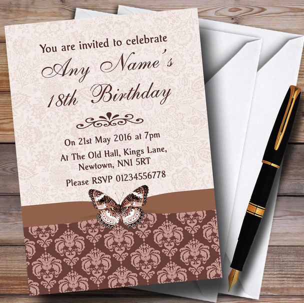 Brown Fawn Beige Vintage Floral Damask Butterfly Personalized Birthday Party Invitations