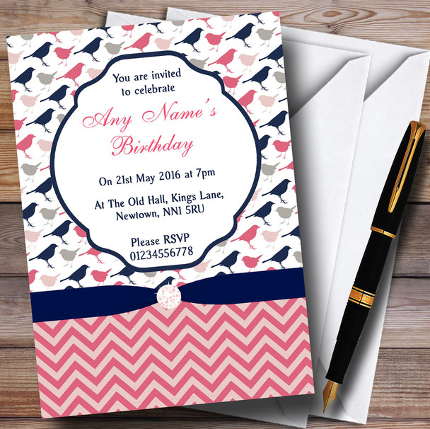 Coral Pink & Navy Blue Shabby Chic Birds Personalized Birthday Party Invitations