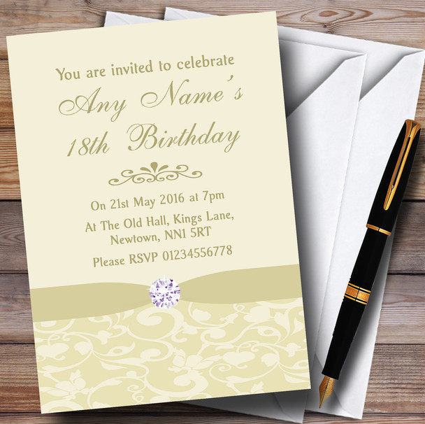 Cream Pale Gold Beige Vintage Floral Damask Diamante Personalized Birthday Party Invitations