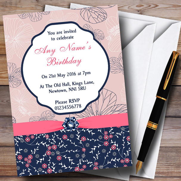 Navy Blue & Coral Pink Floral Personalized Birthday Party Invitations