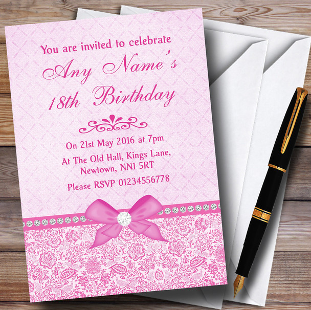 Pretty Floral Vintage Bow & Diamante Pink Personalized Birthday Party Invitations